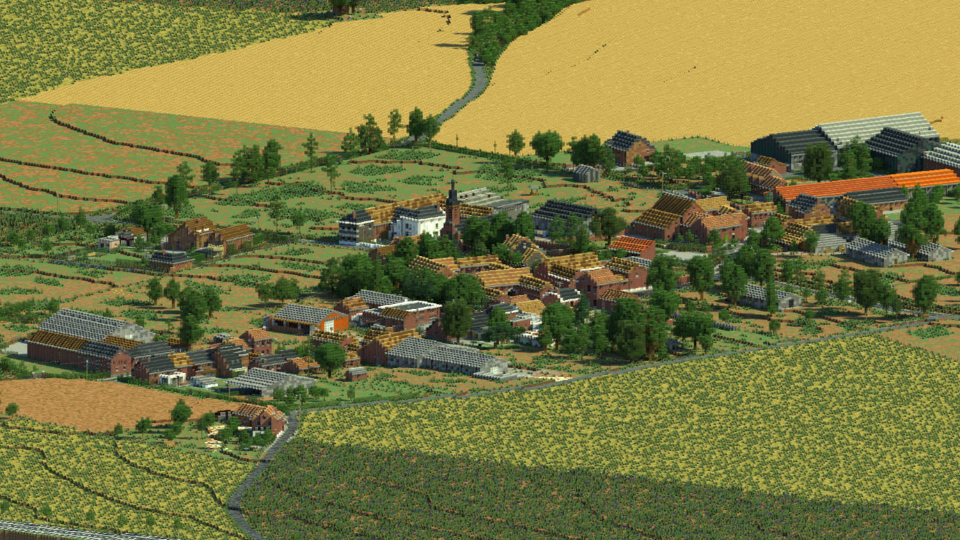 A minecraft render of Limburg Belgium, showing houses and fields