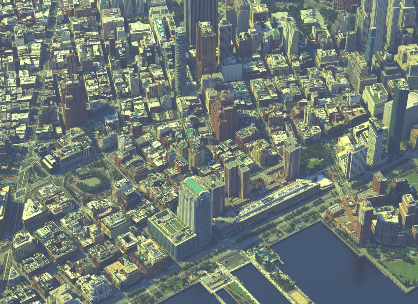 A citywide overhead minecraft recreation of New York City.