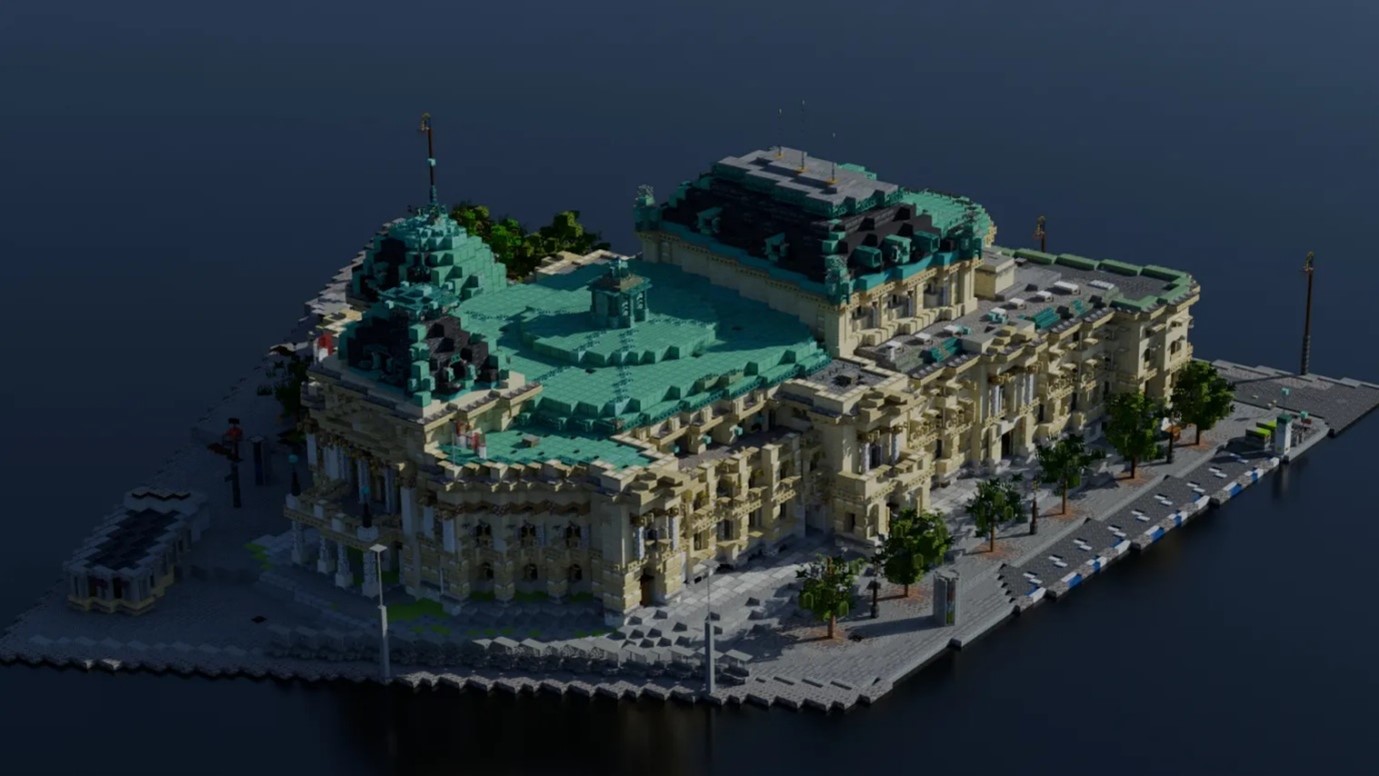 The volkstheater in Vienna, recreated in Minecraft, a large grand building.