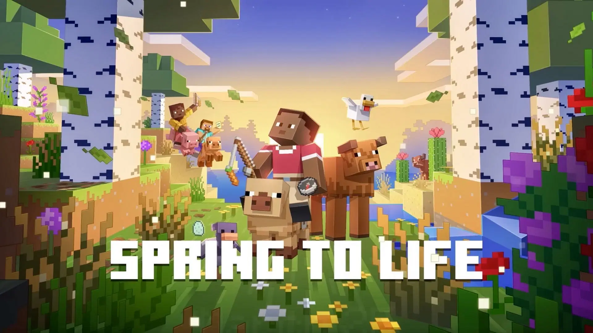  A lush Minecraft landscape featuring new mobs, glowing firefly bushes, and biome-specific animals like desert camels and snowy wolves, showcasing the Spring to Life update's immersive changes.