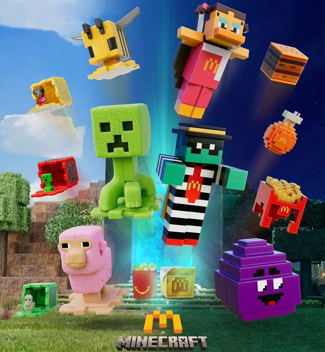 A collection of McDonald’s 2025 Minecraft Movie Happy Meal toys arranged in a blocky scene with characters like Steve, Creeper, and Llama.