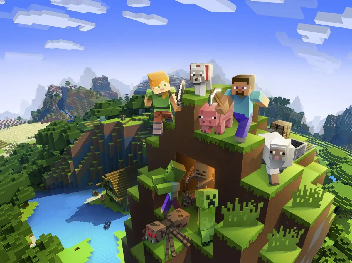 A Minecraft landscape featuring AI-generated terrain and intelligent NPCs in a dynamically evolving world