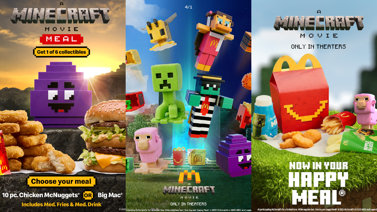 Minecraft collaboration collage featuring LEGO sets, Sonic DLC, Adidas sneakers, and Netflix interactive series.